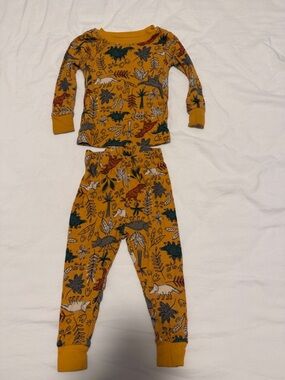 Mustard Yellow Kids Pajama Set with Woodland Animal Print snug fit 12 months